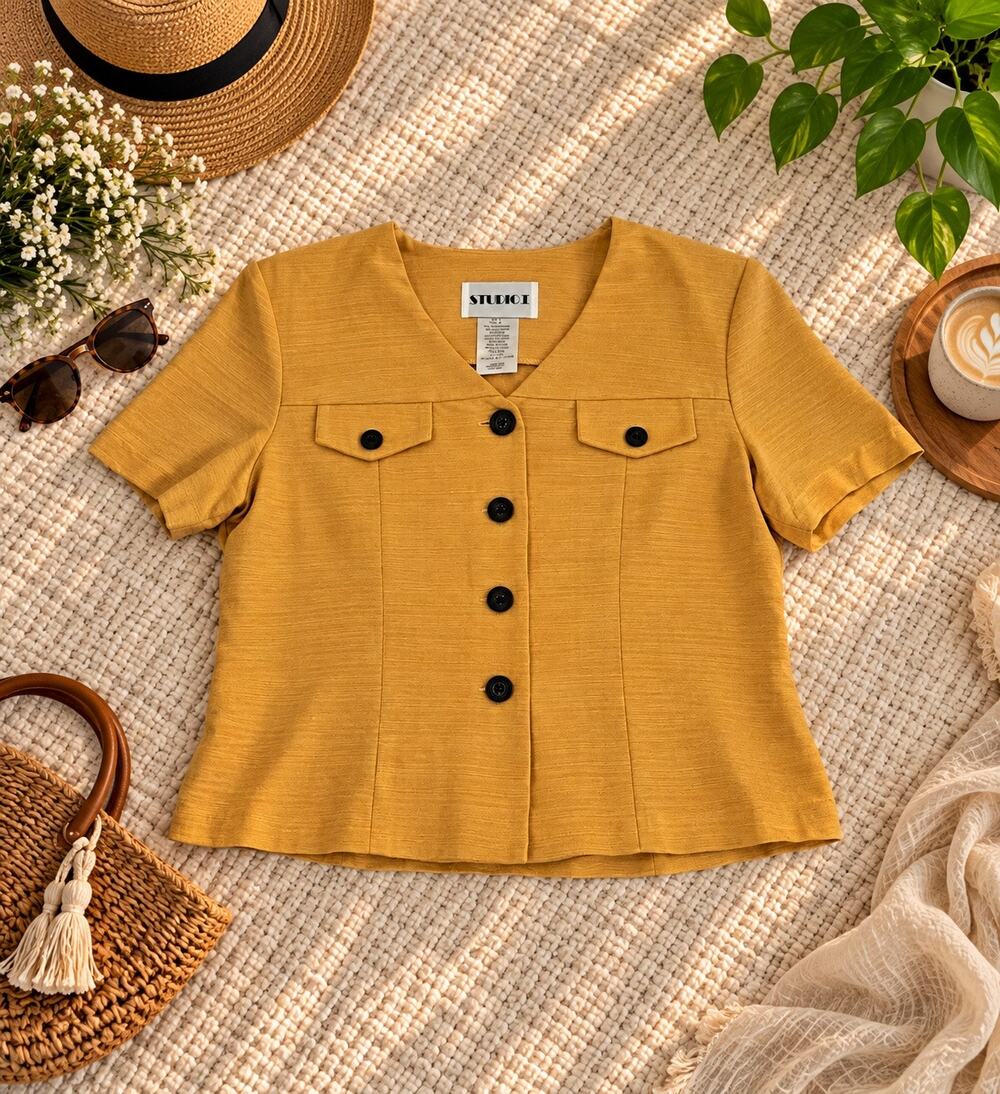 Studio I Women’s Size 8 Mustard Yellow Short Sleeve Button Front Top Only